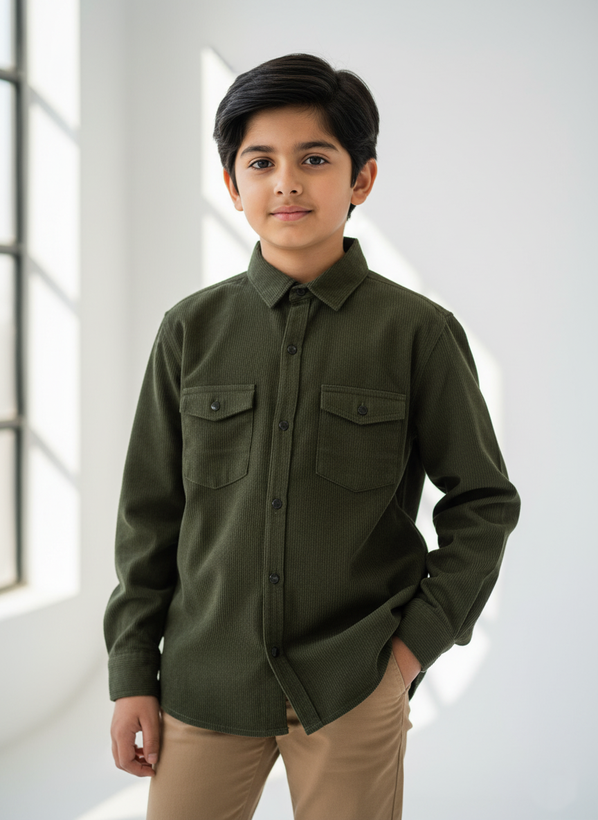 Bottle Green Corduroy Casual Dress Shirt Boys