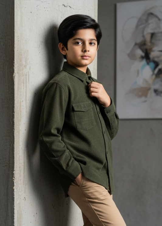 Bottle Green Corduroy Casual Dress Shirt Boys