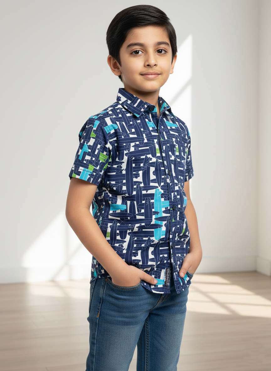 Blue Printed Casual Boys Shirts