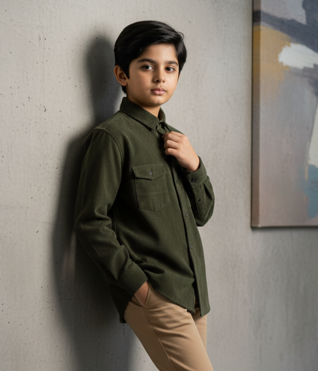 Bottle Green Corduroy Casual Dress Shirt Boys