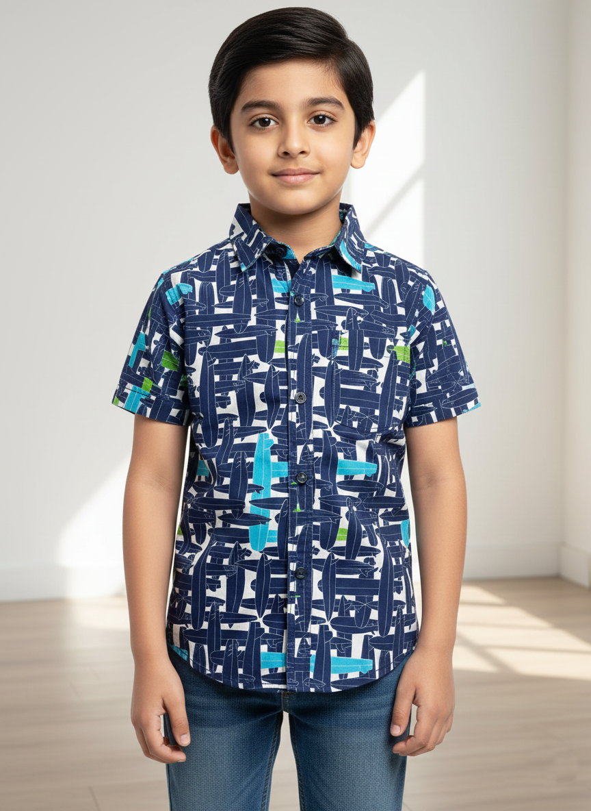Blue Printed Casual Boys Shirts