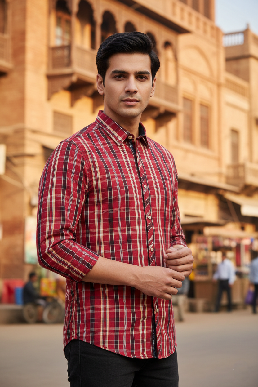 Red Causal Dress Shirt Men