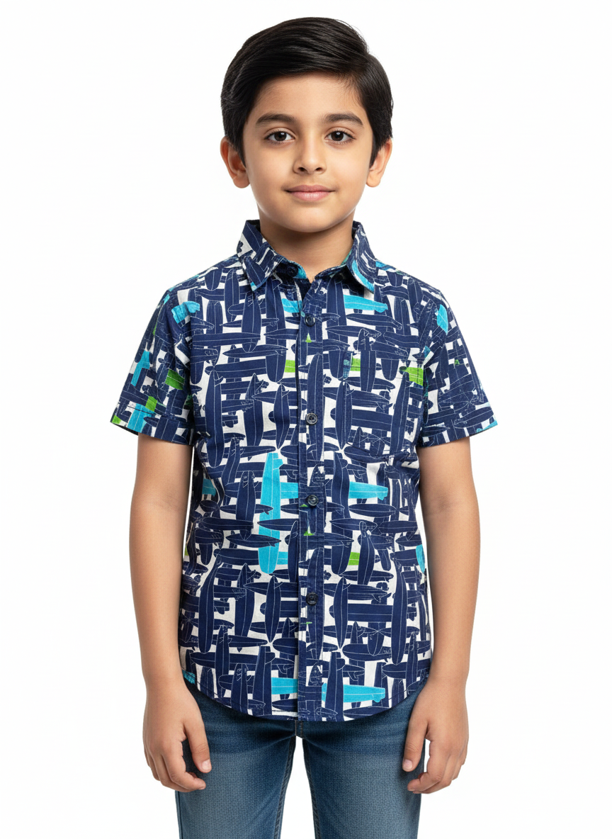 Blue Printed Casual Boys Shirts